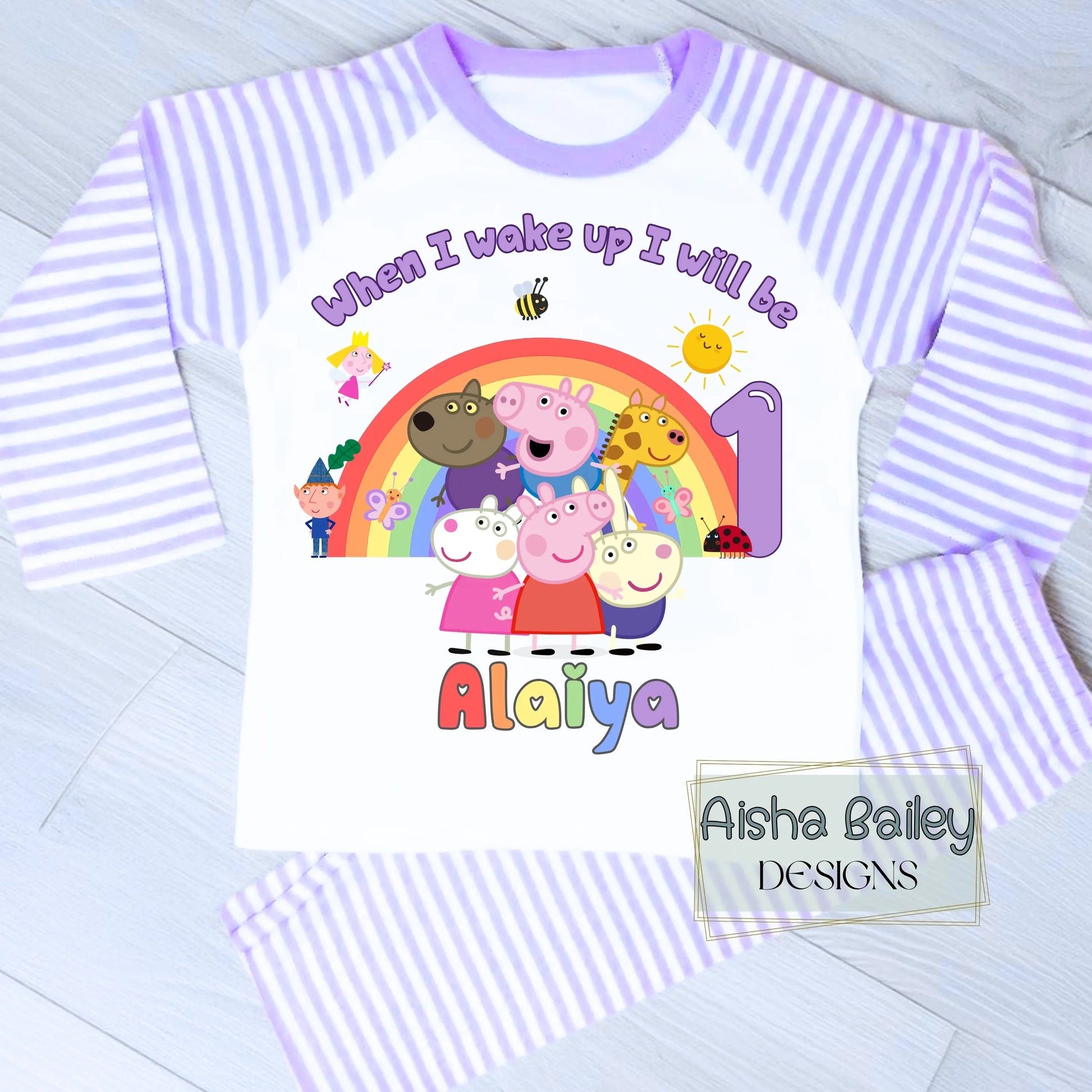 Pink Peppa Pig and friends personalised girls birthday pyjamas featuring a rainbow design and the text “When I wake up I will be with custom age and name, printed on a soft long-sleeve top and matching pink bottoms. Perfect personalised Peppa Pig birthday outfit for toddlers, ideal for first second third birthday celebrations, gifts, and bedtime photos.