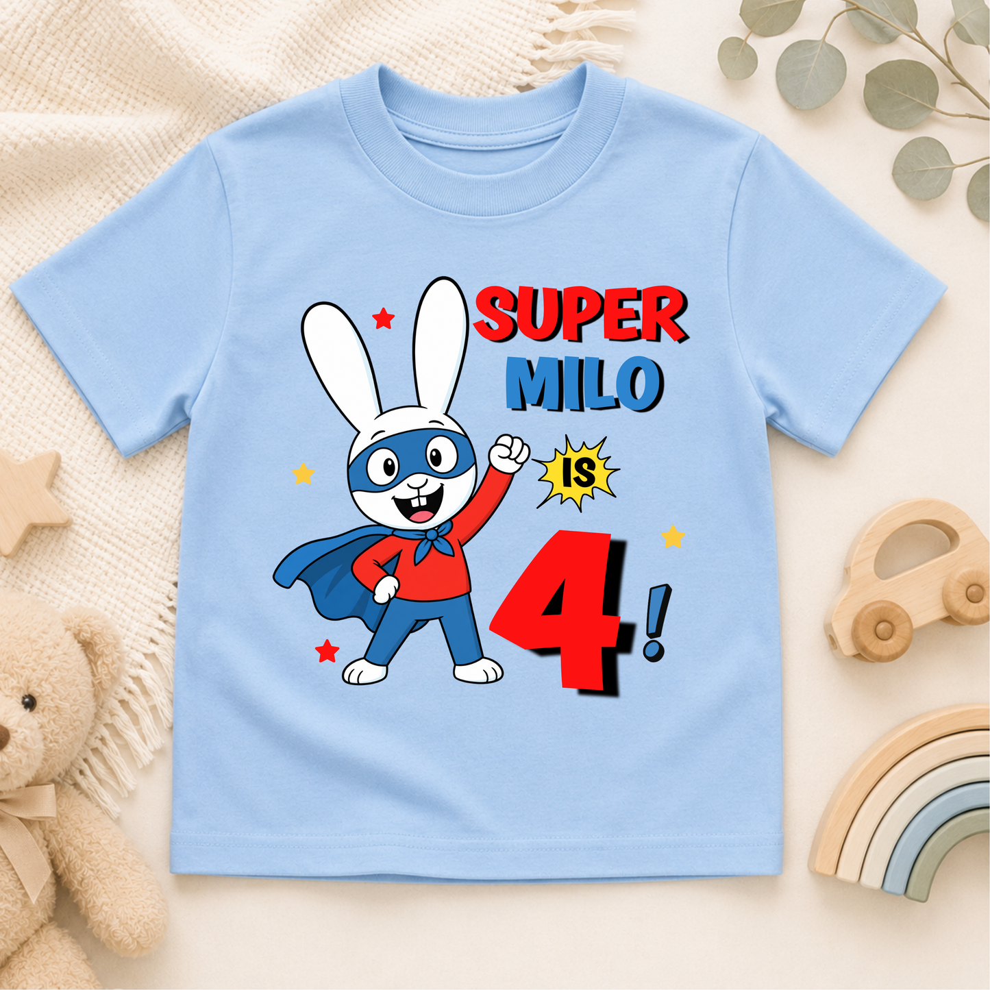 Personalised Super Simon Birthday T-Shirt for Boys with custom name and age featuring a colourful character-inspired design for a child's birthday.