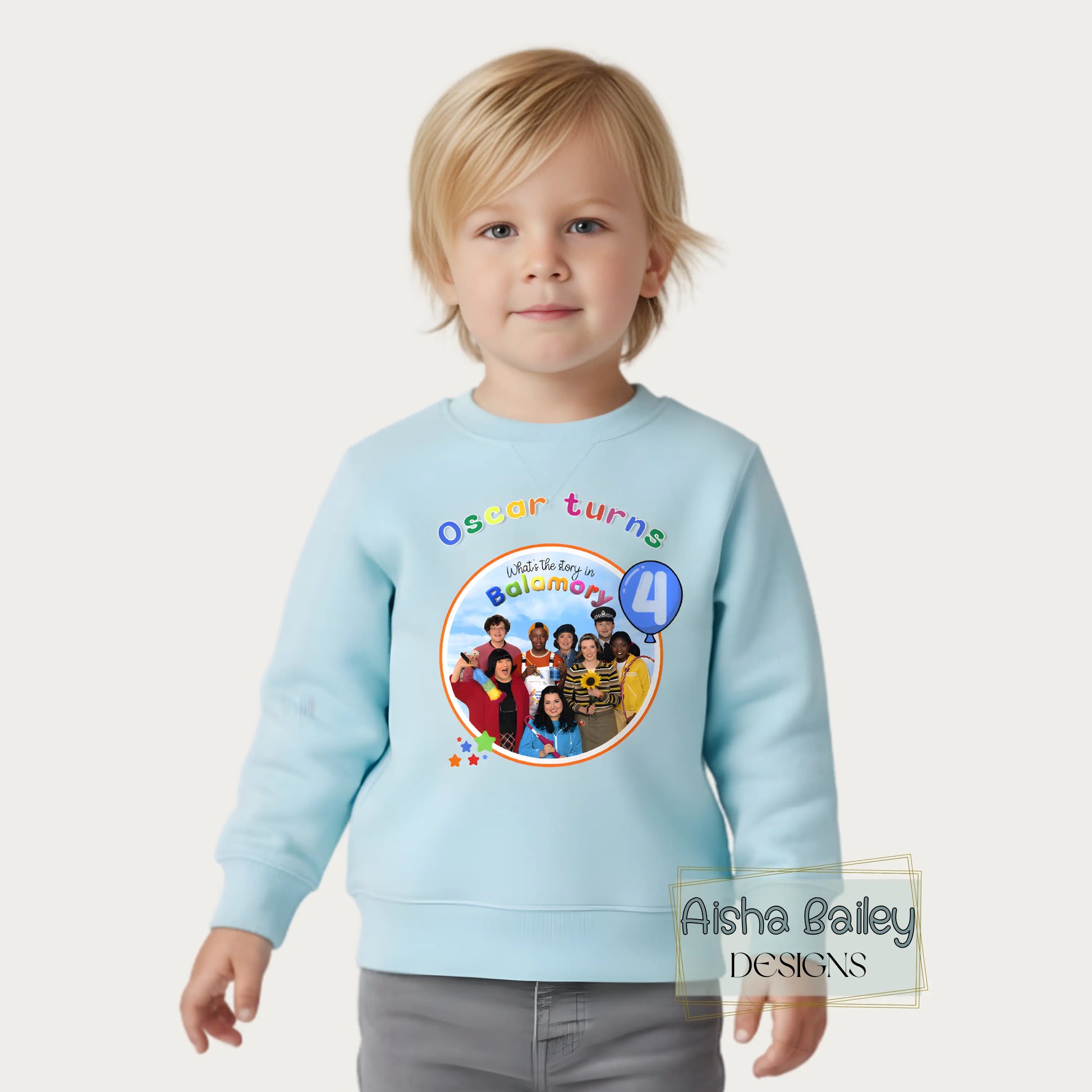 Personalised Balamory birthday sweatshirt for girls with custom name and any age colourful birthday jumper for toddlers