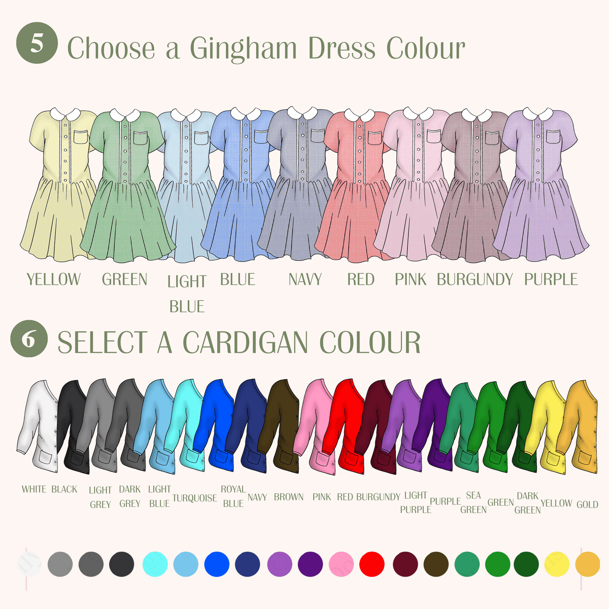 Personalised Back to School Drawstring Bag for girls with custom gingham school doll, child's features and name, A color selection chart for a children's gingham dress and cardigan set, showing illustrated dresses in multiple pastel and solid colors labeled 'Choose a Gingham Dress Colour' and cardigans in multiple colors labeled 'Select a Cardigan Colour', with circular numbered tabs at the top left.