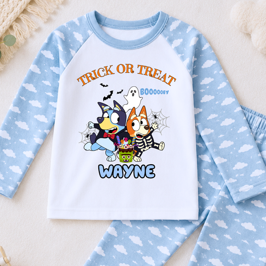 Boys personalised Bluey and Bingo Halloween pyjamas with name print and cute spooky design