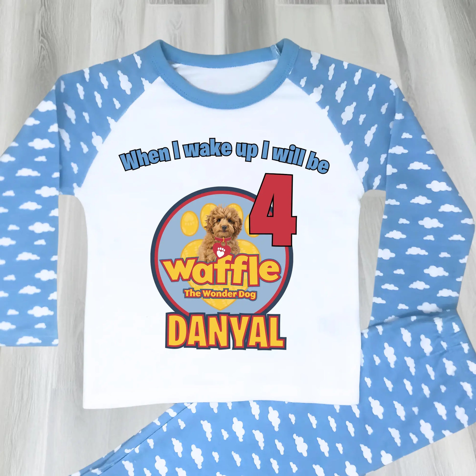 Waffle birthday pyjamas for boys with custom name and age: waffle the wonder dog