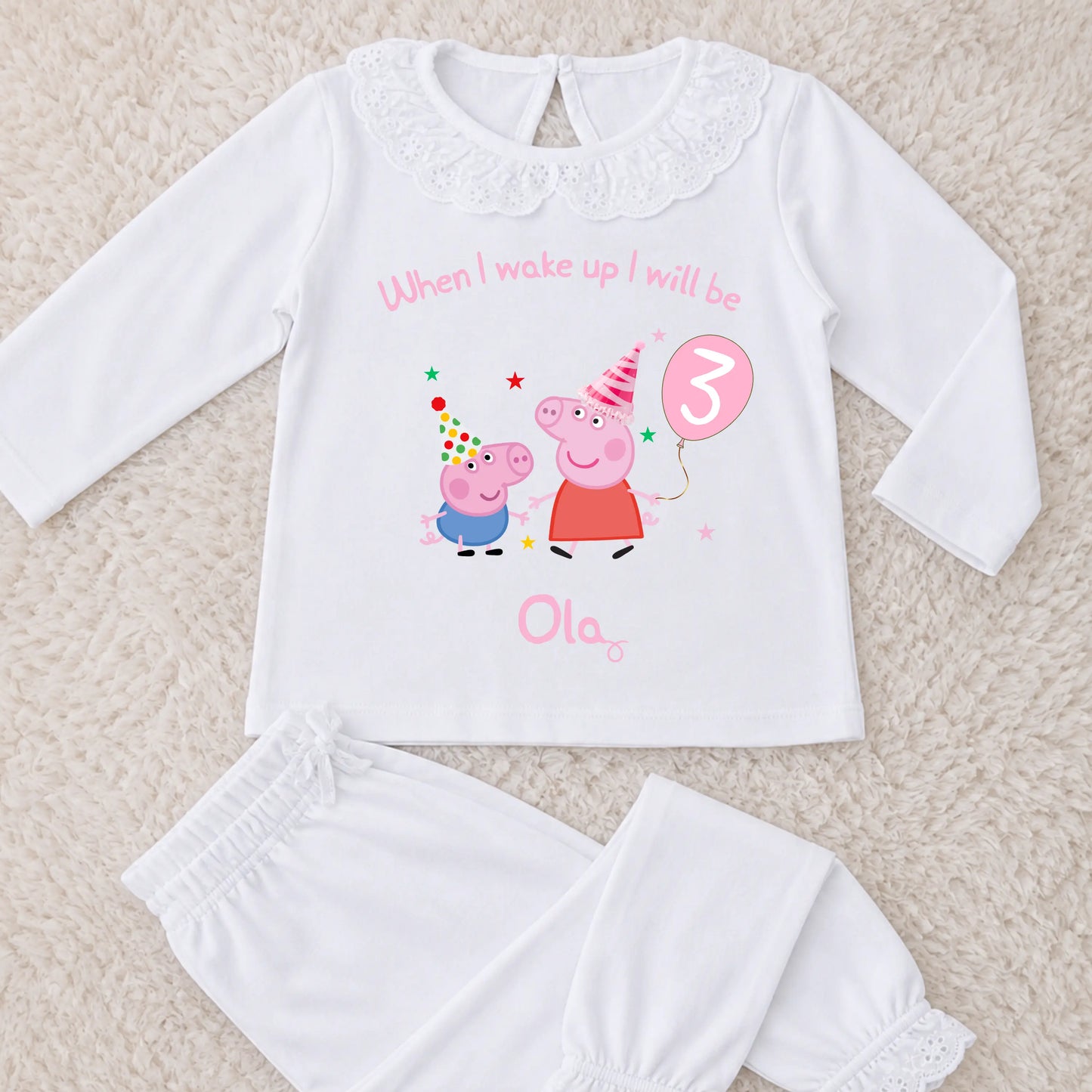 Girls Personalised George and Peppa Pig Birthday Pyjamas, any name and age AishaBaileyDesigns