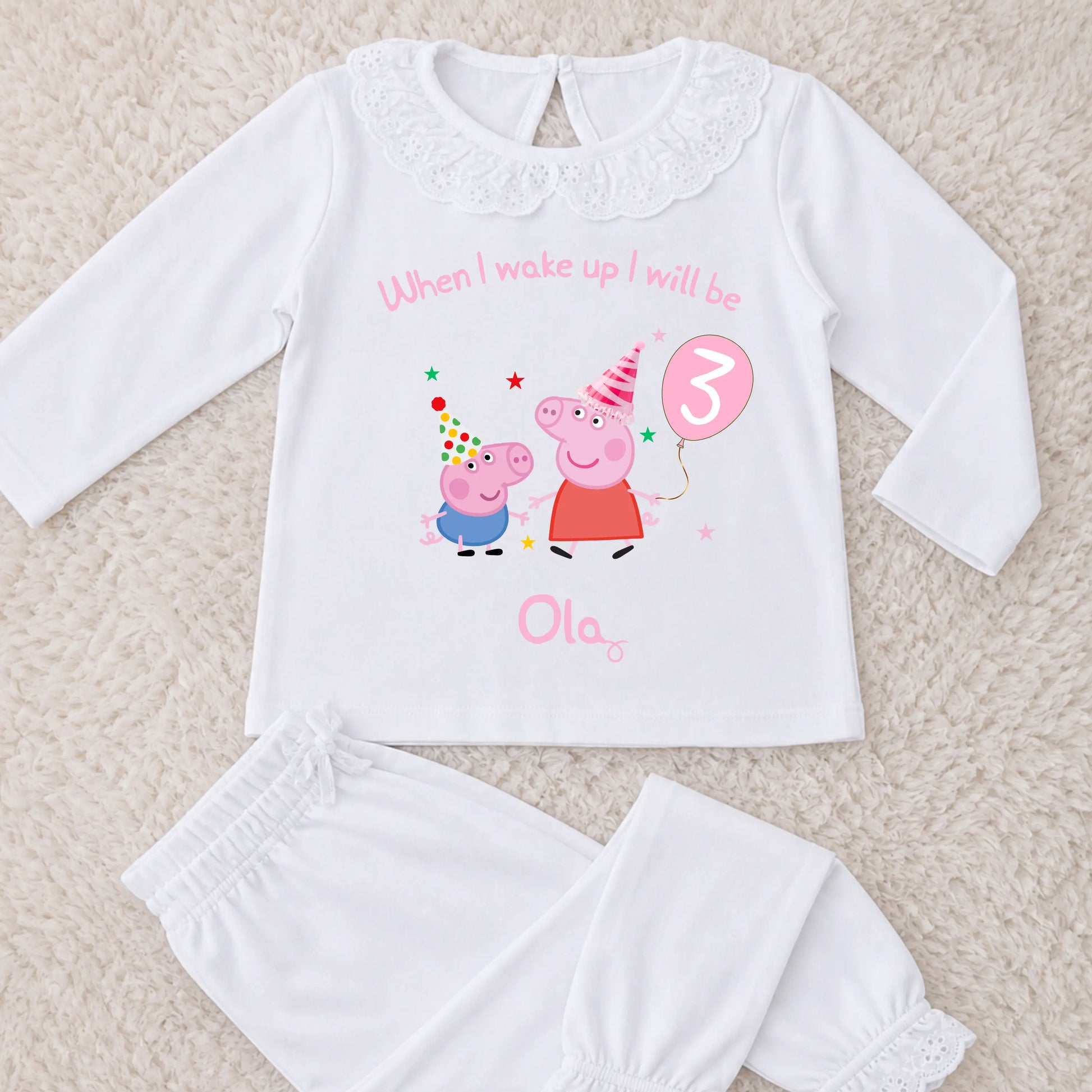 Girls Personalised George and Peppa Pig Birthday Pyjamas, any name and age AishaBaileyDesigns