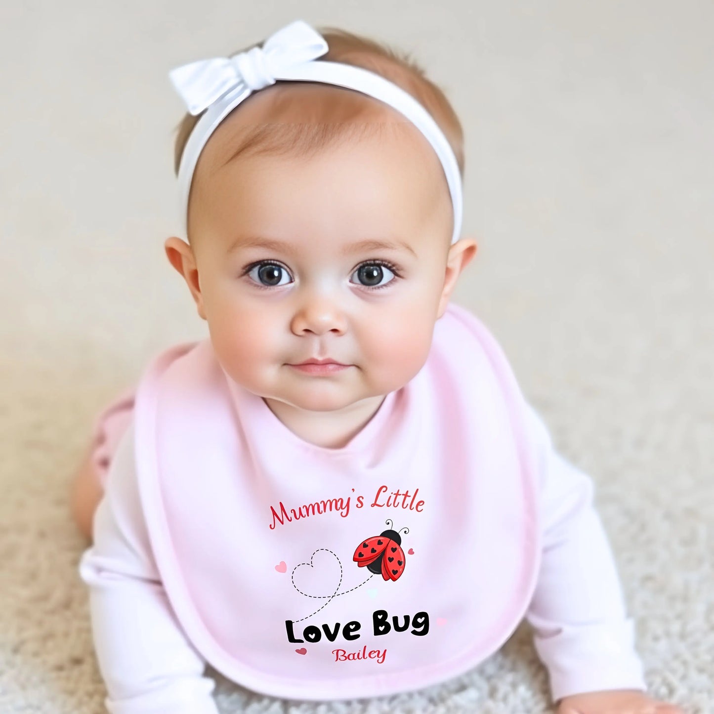 Valentine Baby Outfit personalised for Valentines day. Baby grow, vest and bib with a love bug (ladybird) design