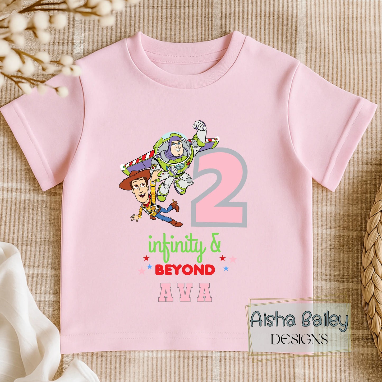 Personalised Two Infinity and Beyond birthday t-shirt for girls with custom name second birthday Toy Story inspired shirt
