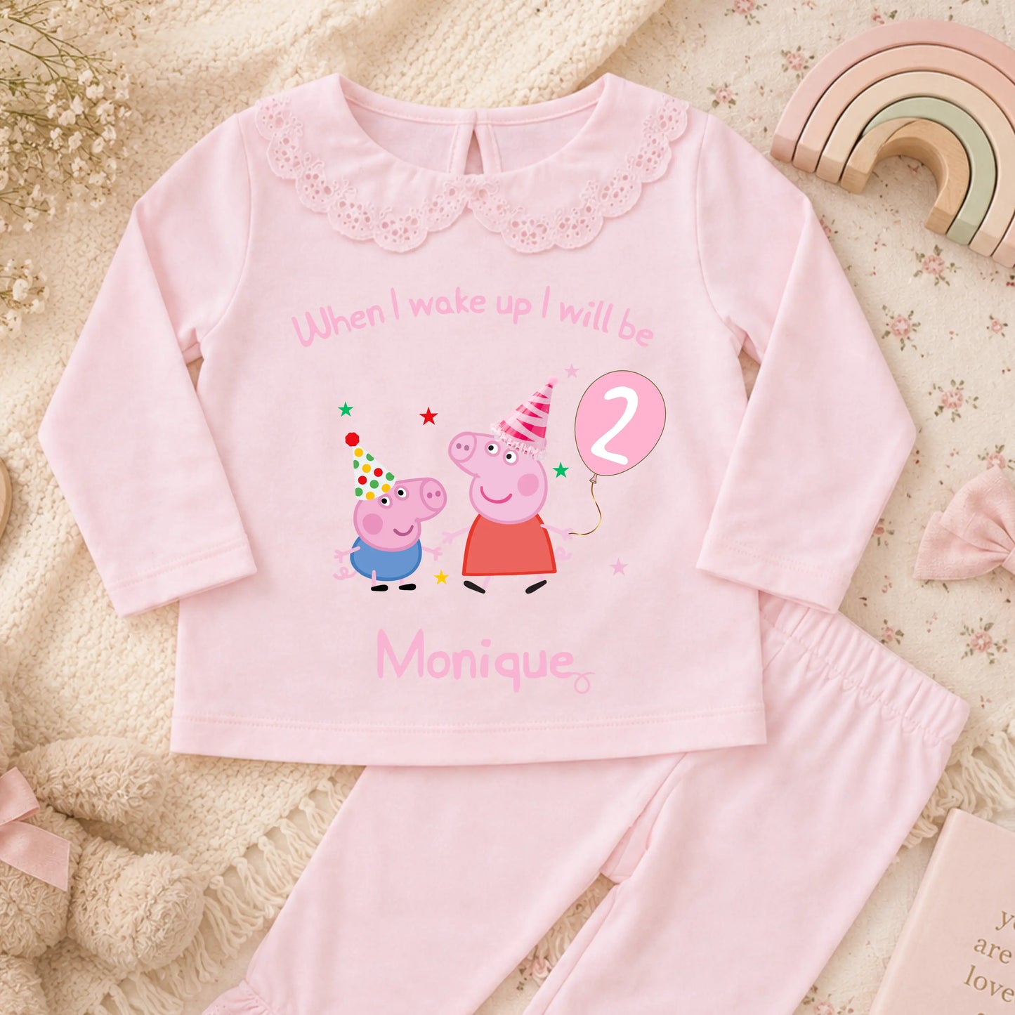 Girls Personalised George and Peppa Pig Birthday Pyjamas, any name and age AishaBaileyDesigns