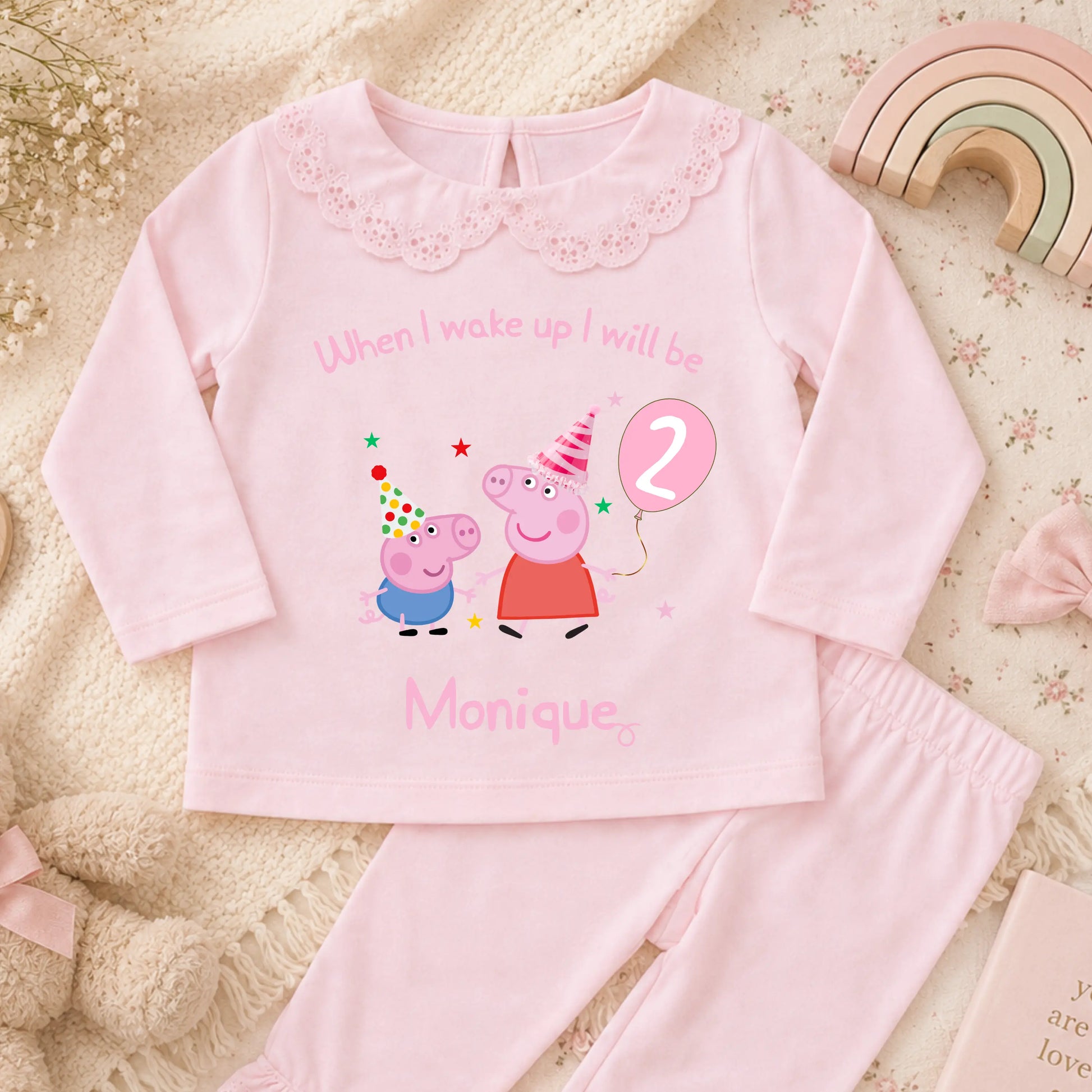 Girls Personalised George and Peppa Pig Birthday Pyjamas, any name and age AishaBaileyDesigns