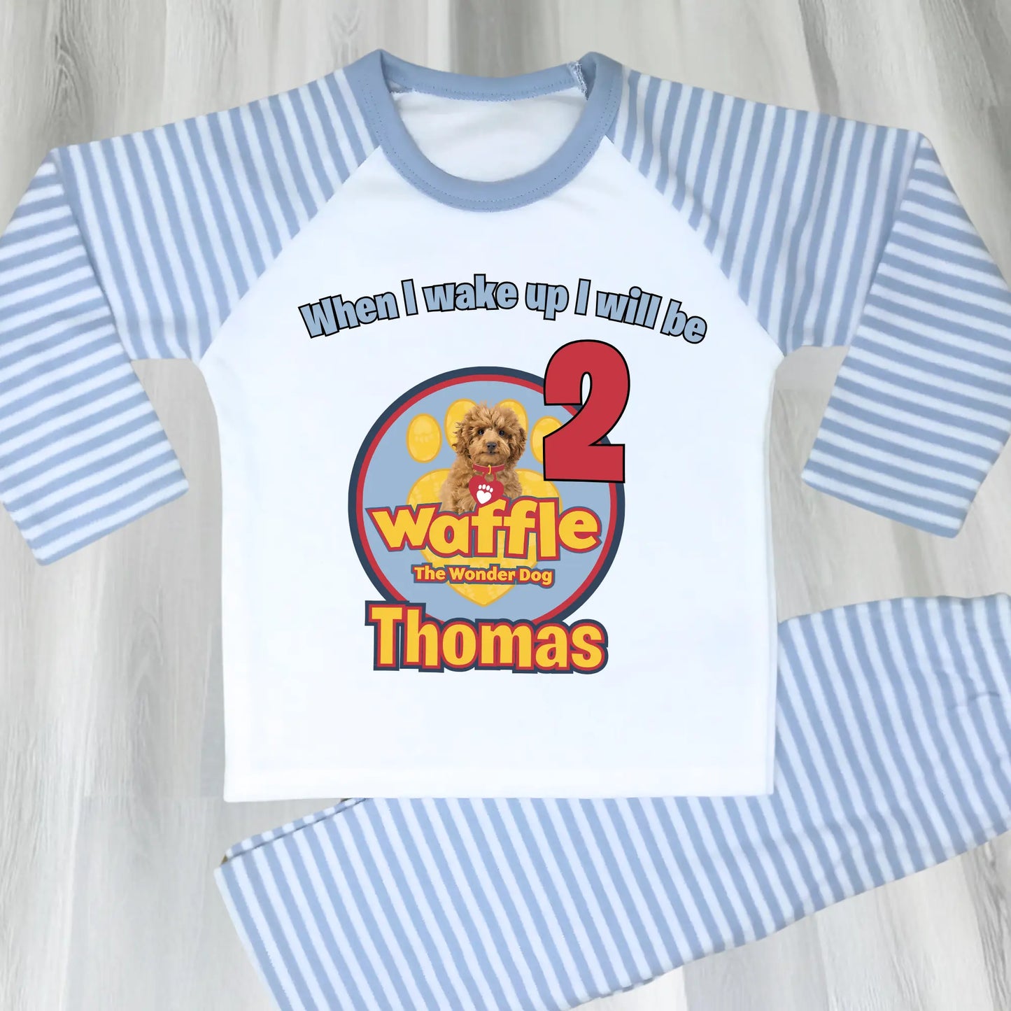 Waffle birthday pyjamas for boys with custom name and age: waffle the wonder dog