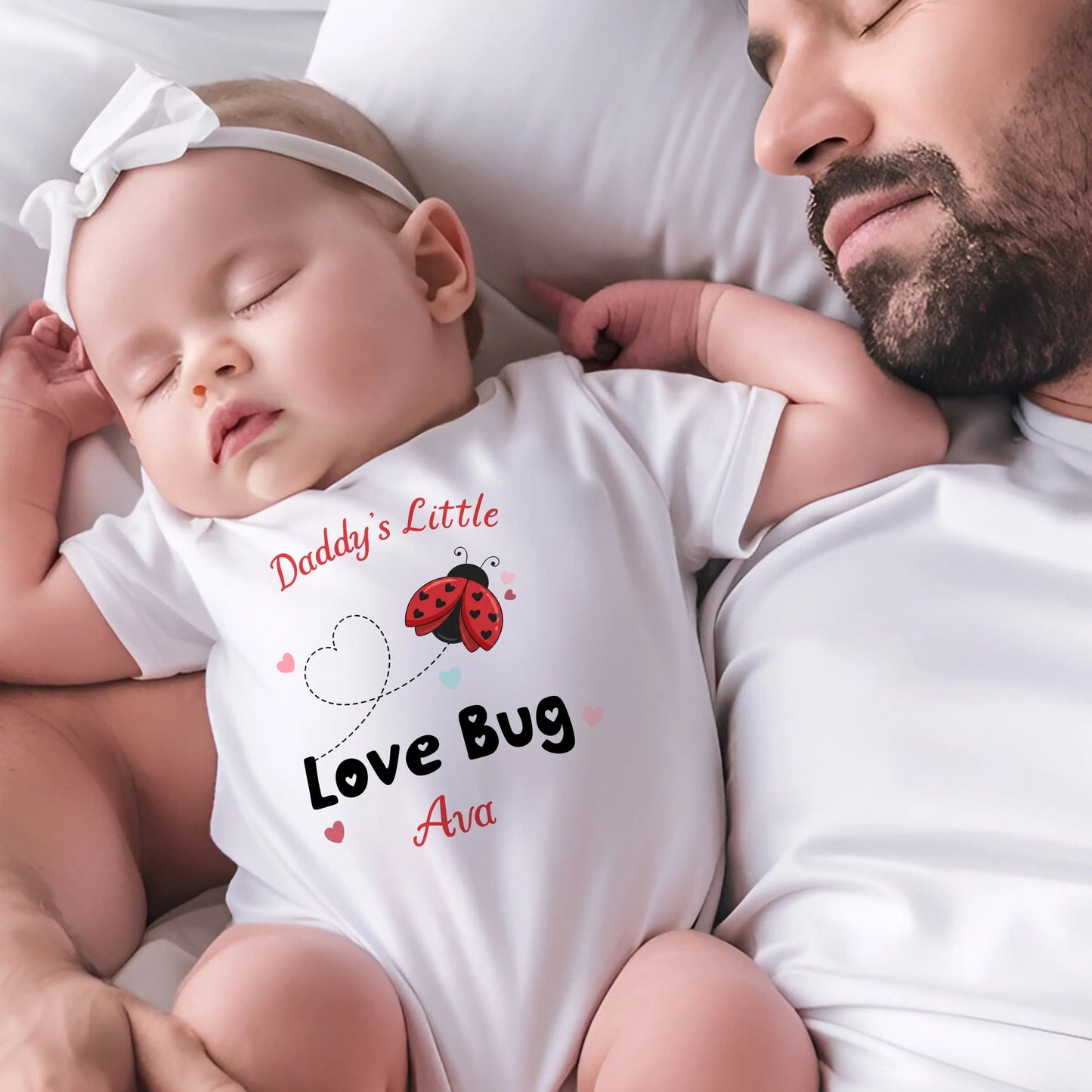 Valentine Baby Outfit personalised for Valentines day. Baby grow, vest and bib with a love bug (ladybird) design