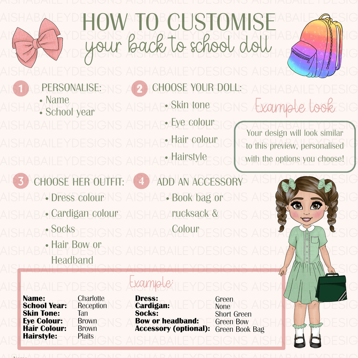 Personalised Back to School Drawstring Bag for girls with custom gingham school doll, child's features and name, Instructions on how to customize a back-to-school doll with examples and options.