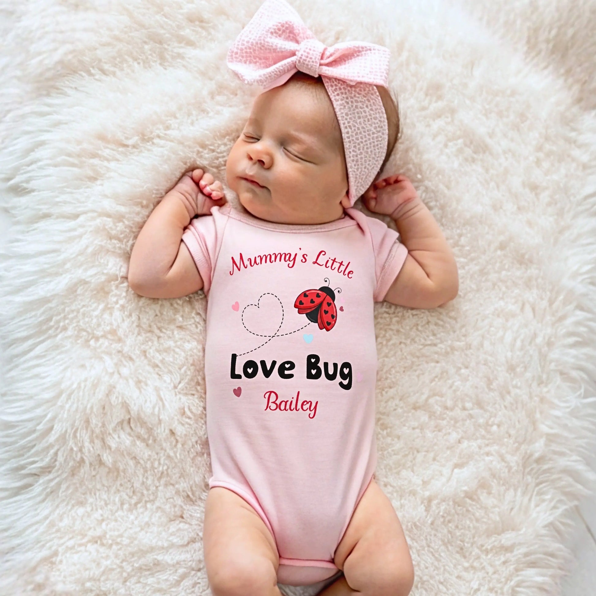 Valentine Baby Outfit personalised for Valentines day. Baby grow, vest and bib with a love bug (ladybird) design