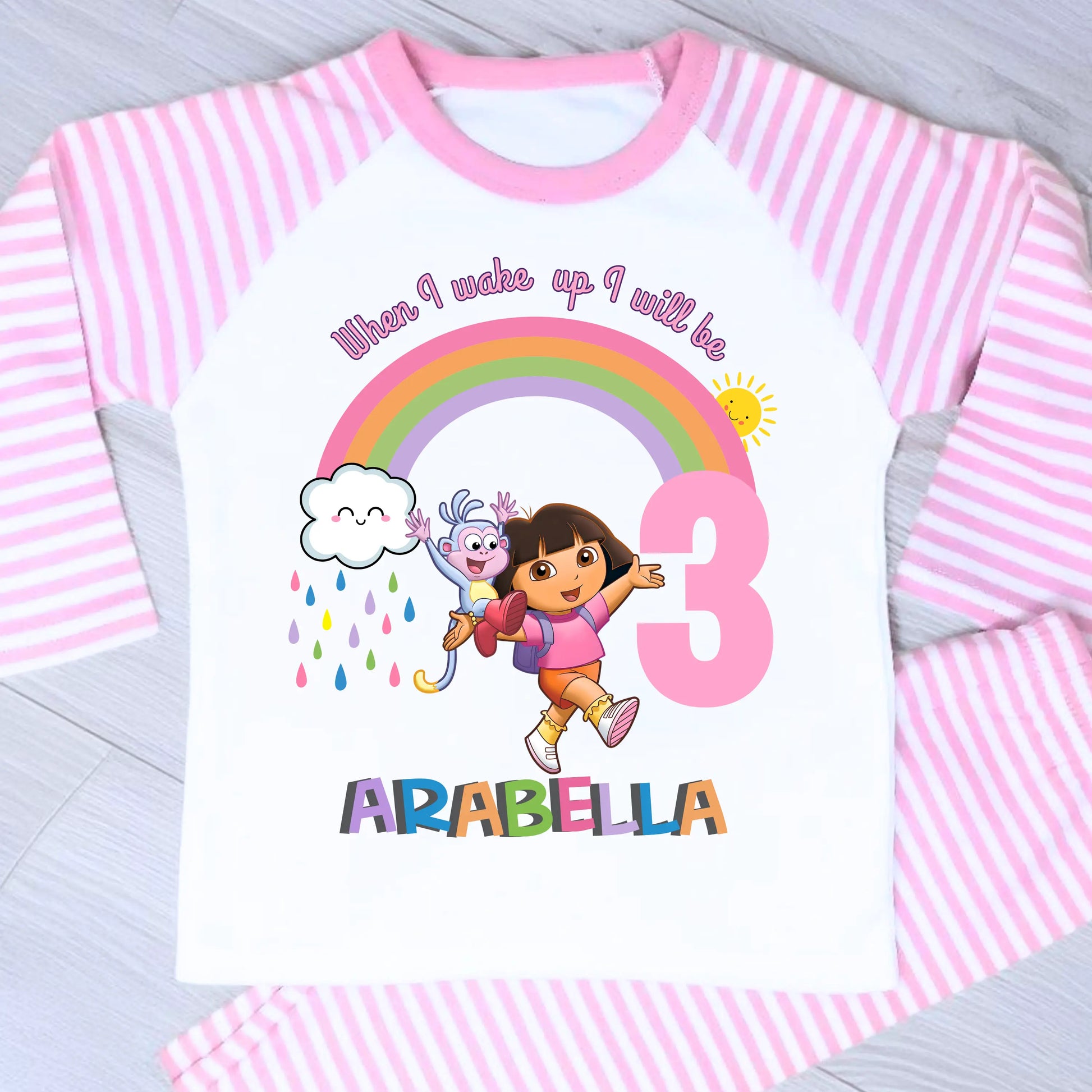 Girls Personalised Dora Birthday Pyjamas, When I Wake up Dora the Explorer AishaBaileyDesigns