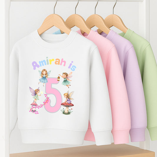 personalised fairy birthday sweatshirt for girls. Custom name & age design, perfect magical birthday outfit or gift for toddlers and children.