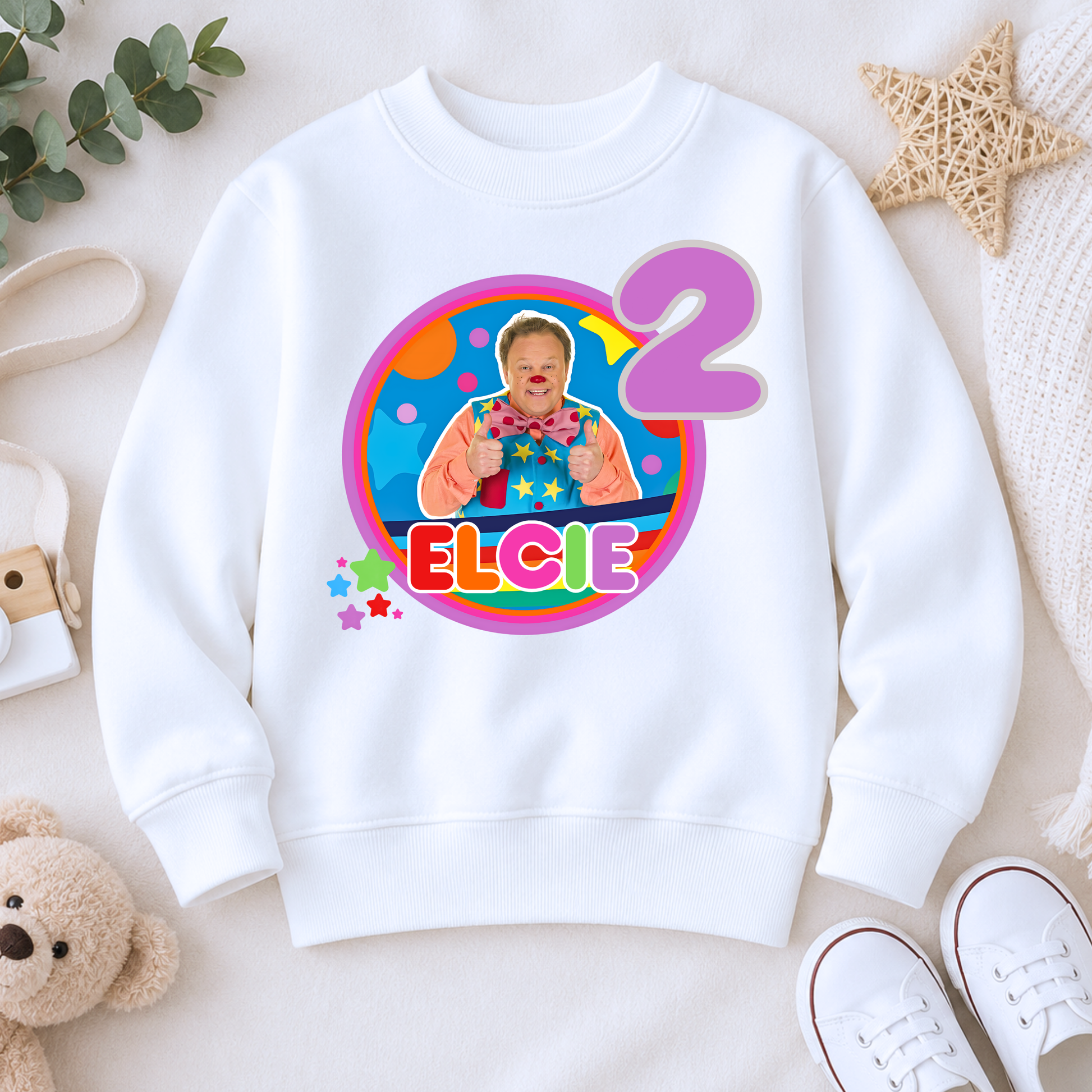 Girls Personalised Mr Tumble Birthday Sweatshirt, A sweatshirt with a Mr Tumble birthday design for girls which is personalised with their custom name and age