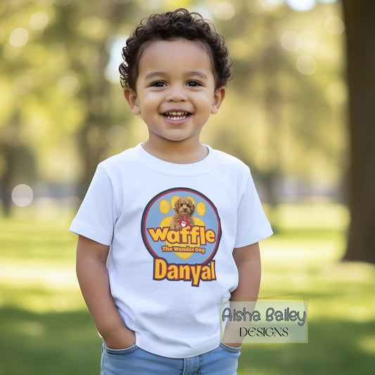 Personalised boys waffle t-shirt featuring Waffle the Wonder Dog with custom child’s name, soft lightweight kids top for nursery, playdates and everyday wear