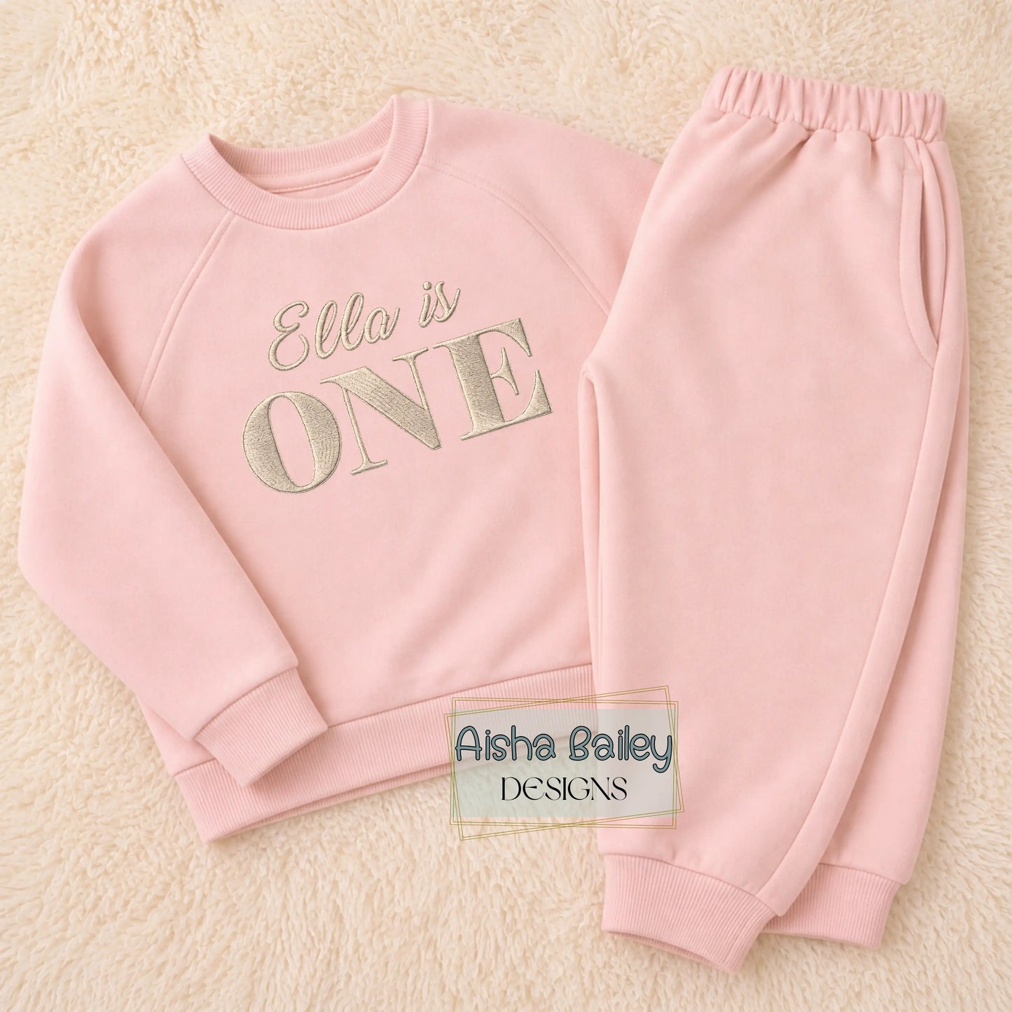 girls personalised embroidered 1st birthday outfit pink loungewear set