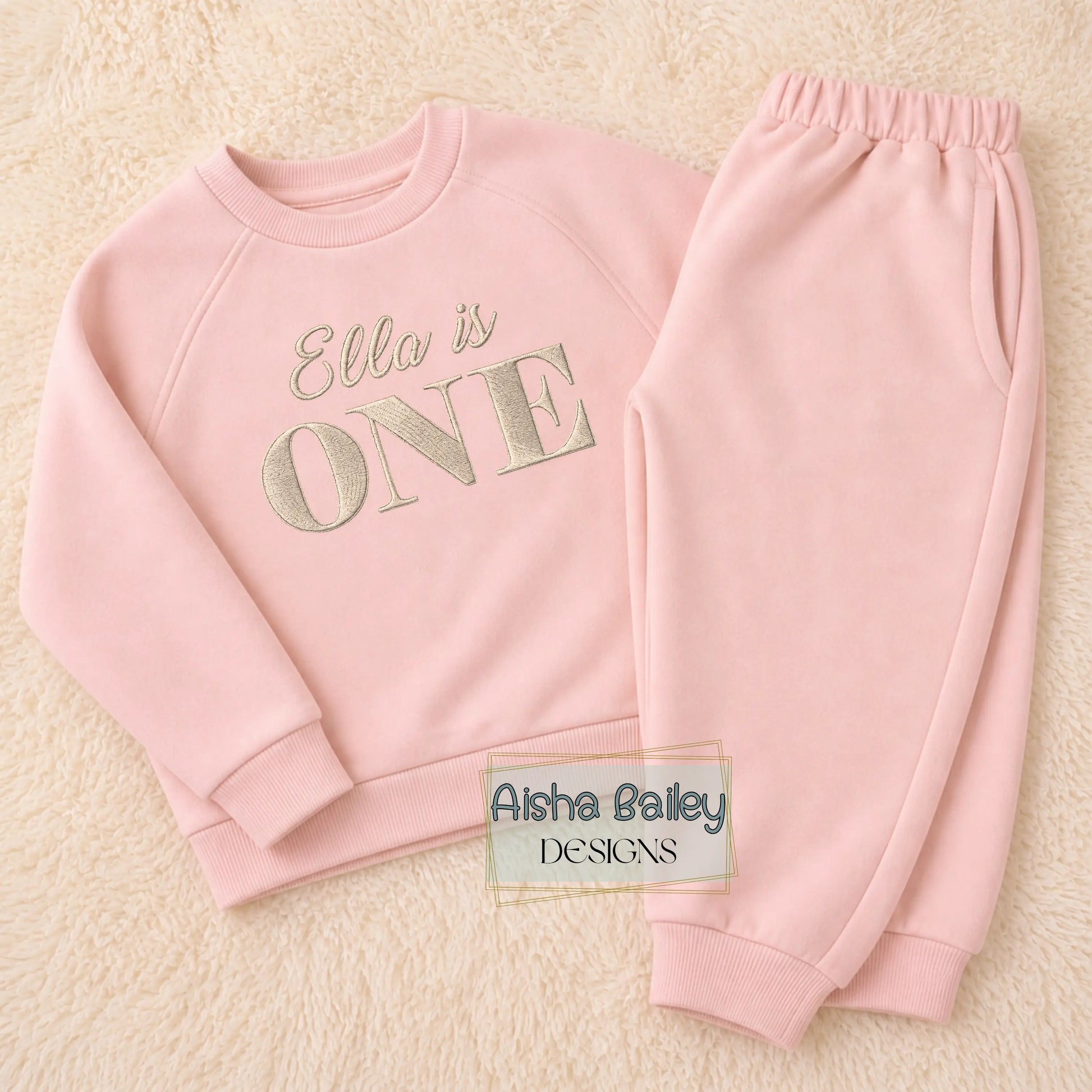 girls personalised embroidered 1st birthday outfit pink loungewear set