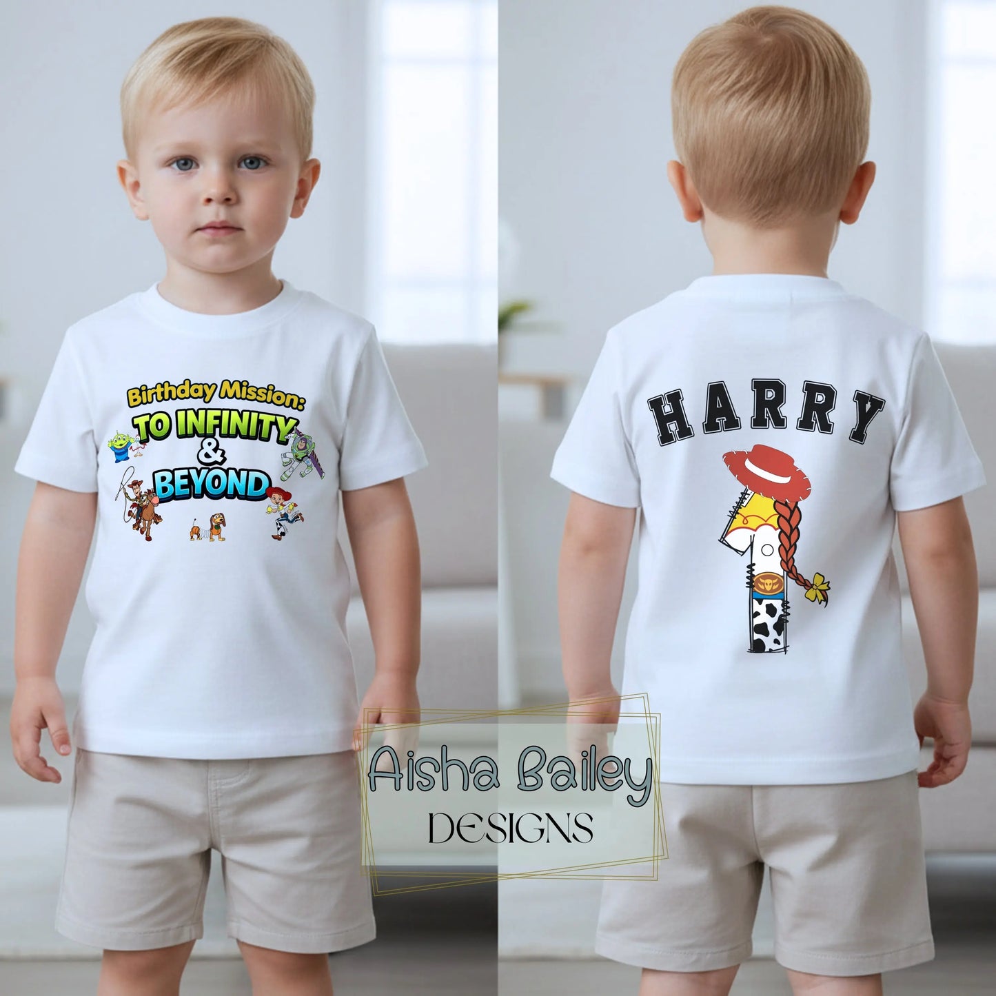 Toy Story Birthday T-shirt, Toy Story personalised birthday t-shirt for boys with custom name age and Buzz Woody or Jessie character on back number design