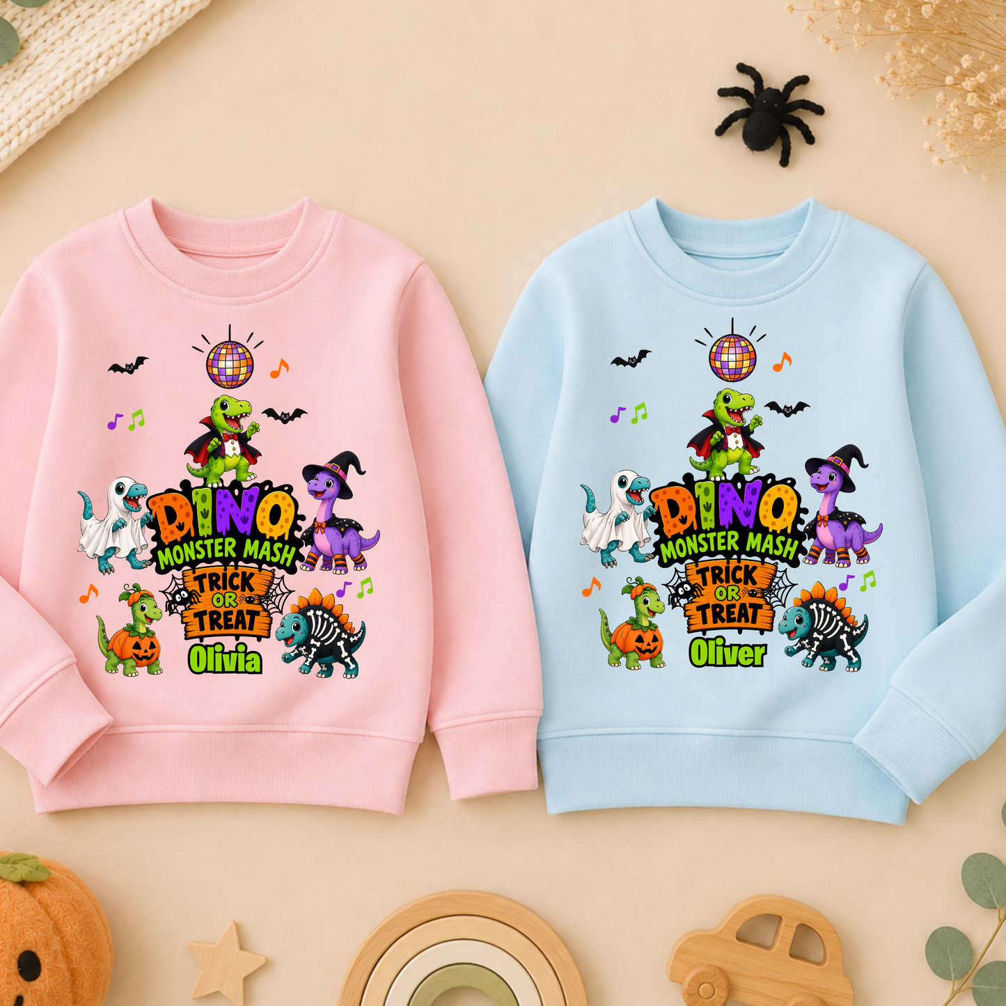 Personalised Halloween Sweatshirt for kids with name, colourful Dino Monster Mash dinosaurs, Trick or Treat design and cute Halloween characters.