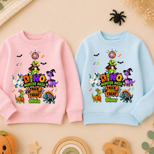 Personalised Halloween Sweatshirt for kids with name, colourful Dino Monster Mash dinosaurs, Trick or Treat design and cute Halloween characters.