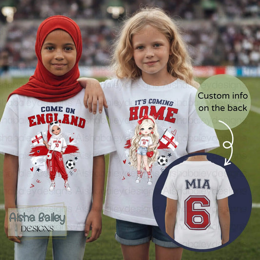 Personalised England World Cup T-shirt 2026 kids England t-shirt with custom name and number, come on England and it’s coming home football design