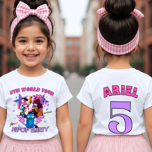 Personalised Kpop Demon Hunters Birthday T-Shirt for Girls with colourful front design and custom name and age printed on the back.