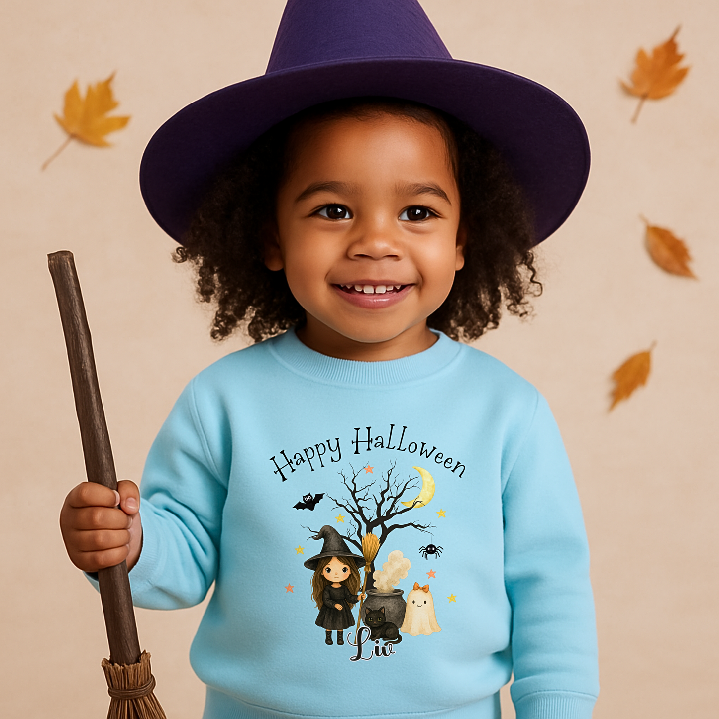 Personalised Halloween sweatshirt with cute witch design for kids, girls halloween jumper sweater with name, custom name halloween jumper