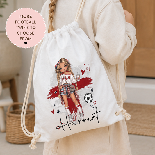 Personalised girls England football PE drawstring bag with custom name, perfect for school, football training, sports and gym.