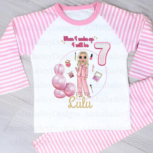 Girls personalised birthday pyjamas, irls personalised birthday pyjamas with a custom makeup doll design. A soft, cosy, and thoughtful birthday gift that’s unique to your child.