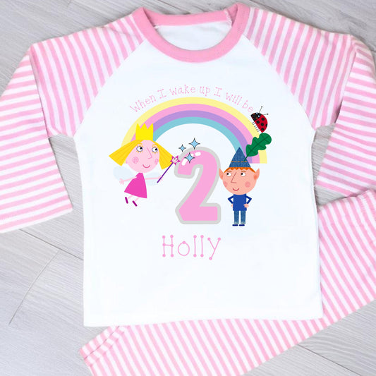 Ben and Holly birthday pyjamas: Personalised Ben and Holly’s Little Kingdom birthday pyjamas for girls with rainbow, characters, age and custom name.