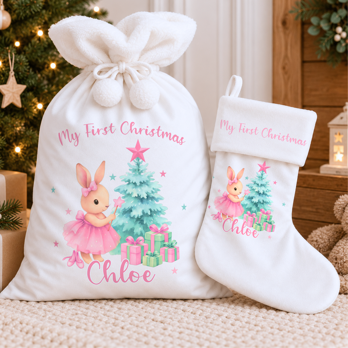 Personalised Christmas Sack and stocking for baby girl’s first Christmas, featuring a sweet bunny design and custom name for a magical Christmas keepsake.