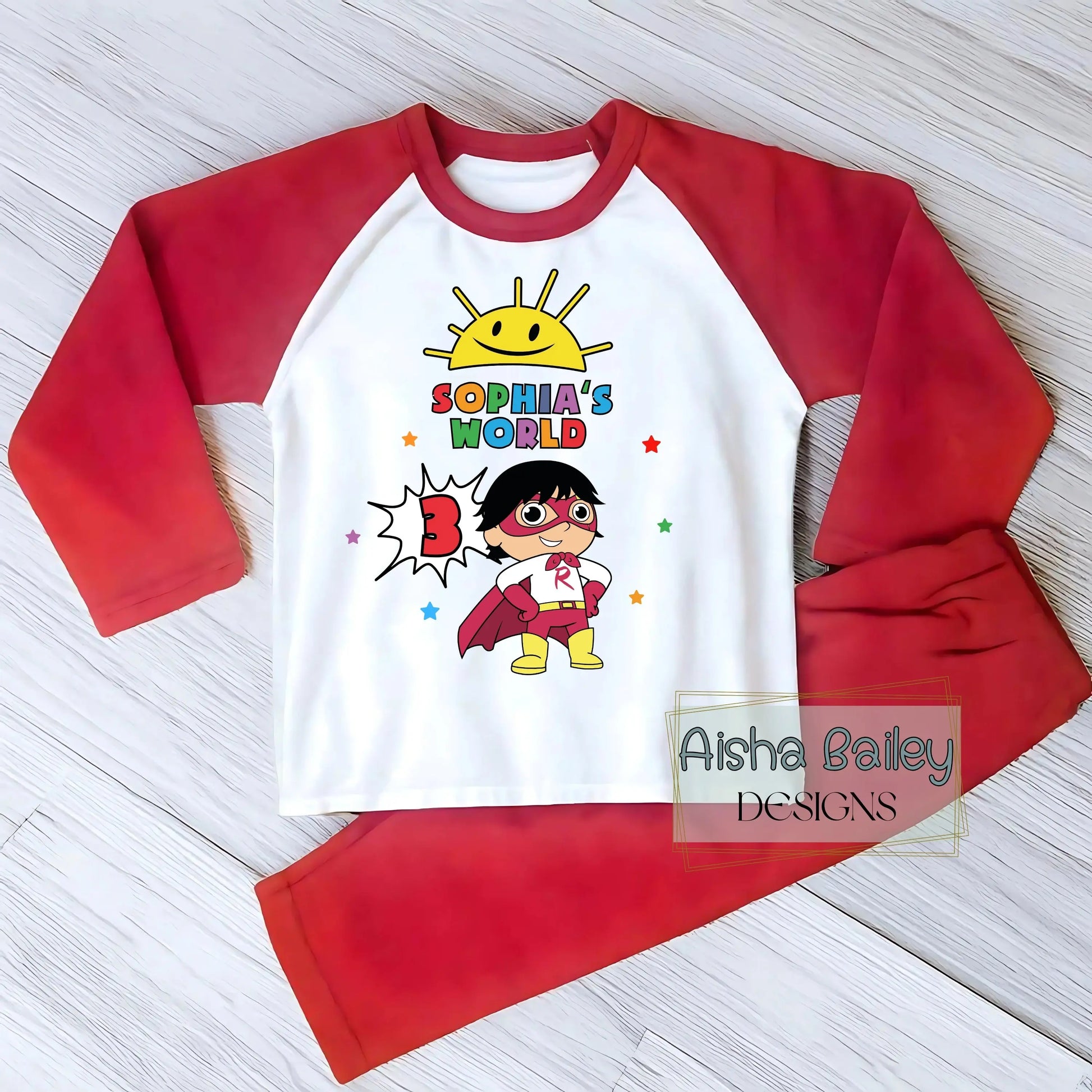 Ryan's World personalised birthday pyjamas for girls with colourful superhero design