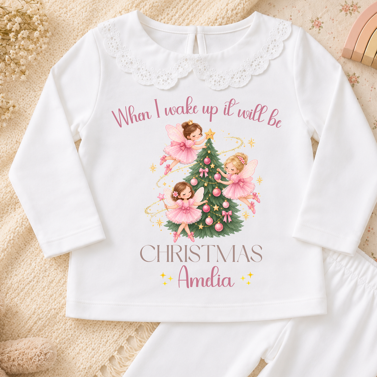 Girls Christmas Pyjamas personalised with name, featuring pink fairies, a Christmas tree and When I Wake Up It Will Be Christmas design.
