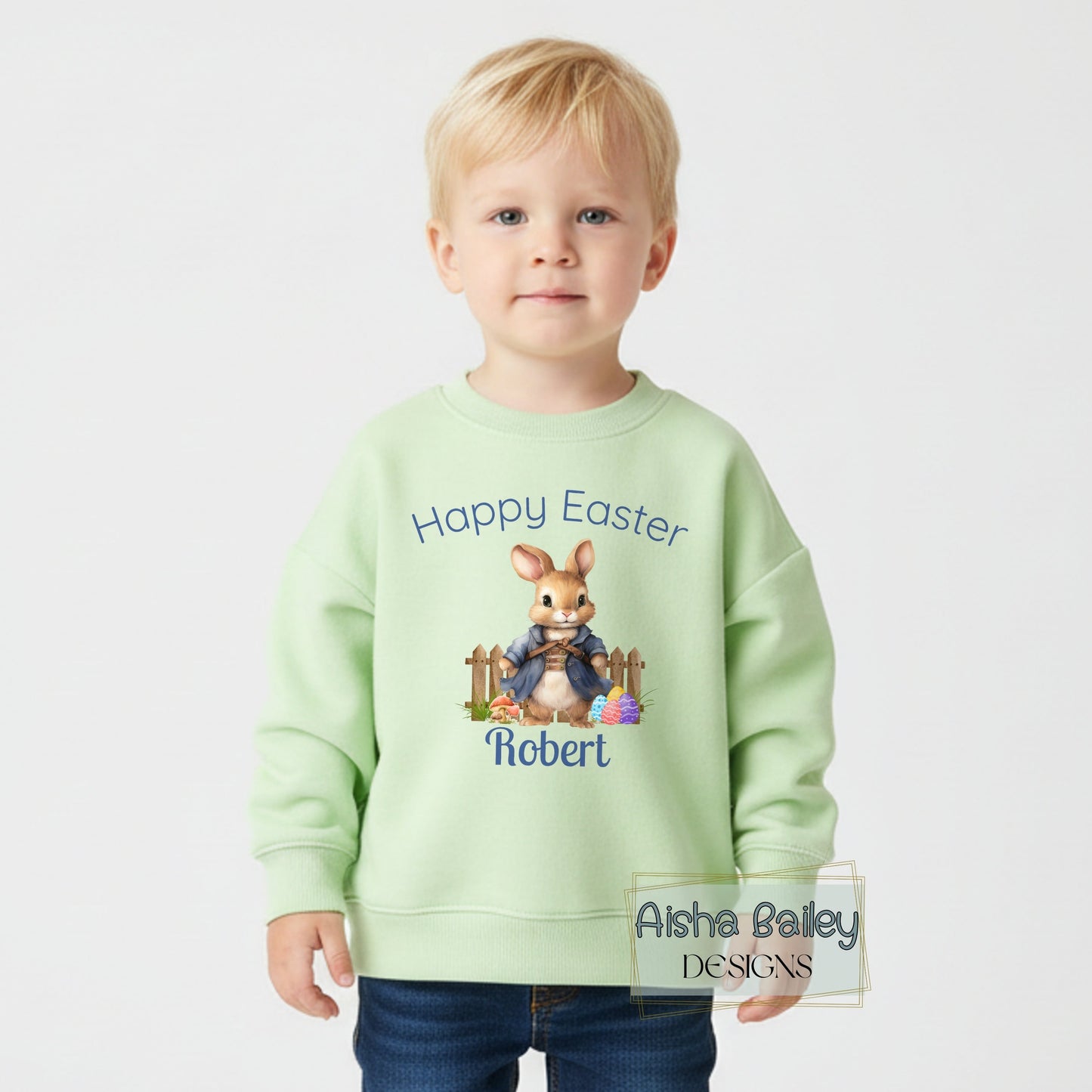 Personalised Easter top for boys with white rabbit bunny design and custom name, available as sweatshirt or t-shirt
