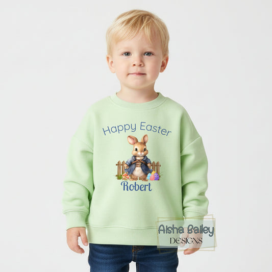Personalised Easter top for boys with white rabbit bunny design and custom name, available as sweatshirt or t-shirt