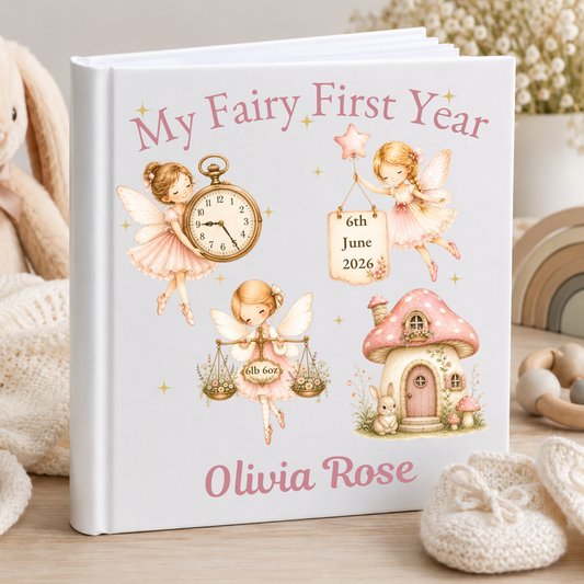 Personalised Baby Photo Album My Fairy First Year in pink or white, personalised with baby's name, birth date, time and weight.
