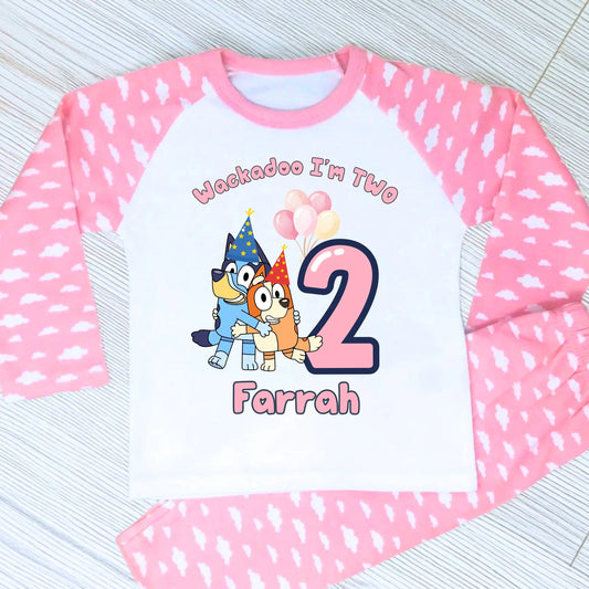 Bluey and Bingo Birthday Pyjamas for Girls with custom name and age in a pink party-themed design.