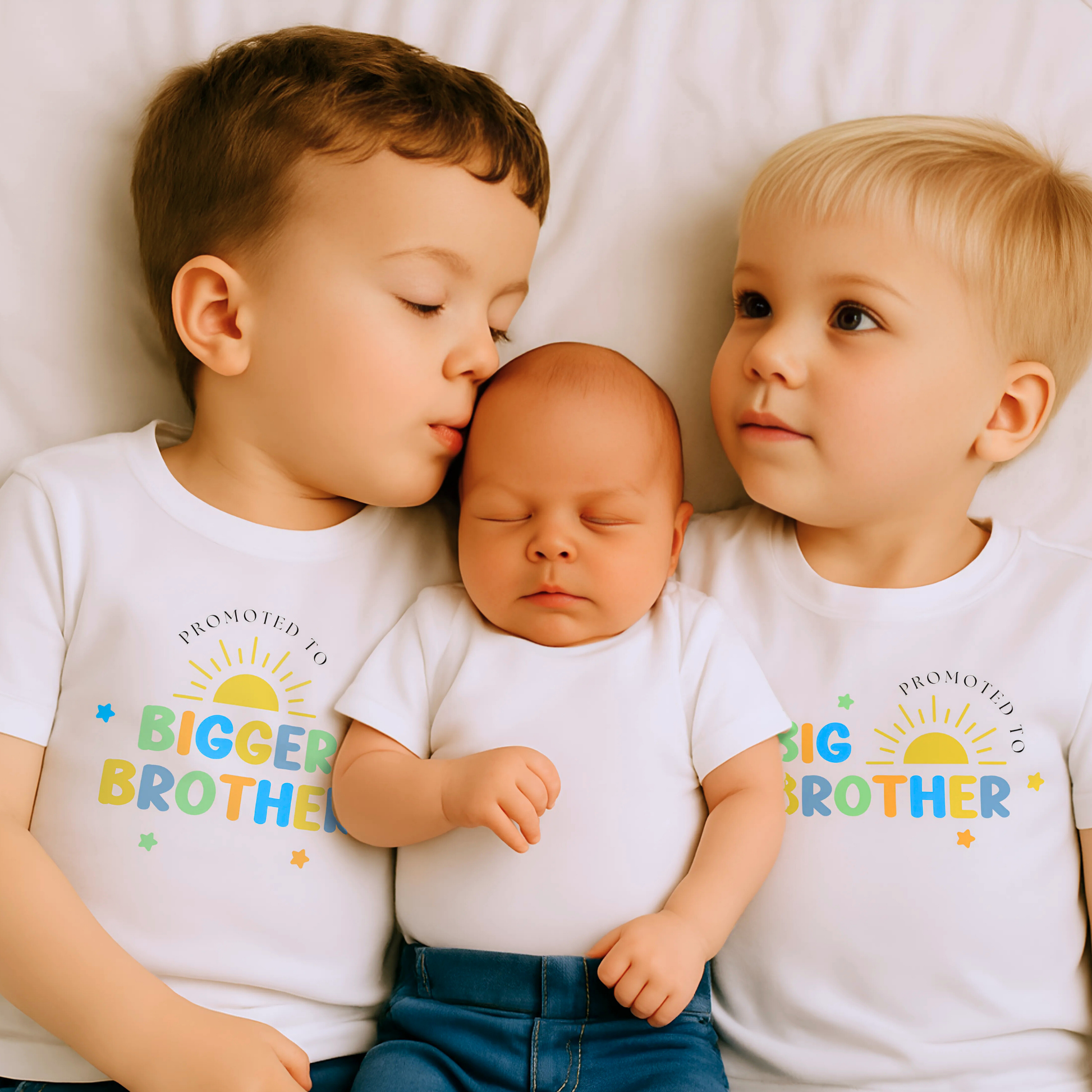 Promoted to Big Brother T-shirt: A boys personalised promoted to big brother pregnancy announcement t-shirt featuring the phrase &quot;I am going to be a Big Brother&quot; in vibrant rainbow colours. This is designed to celebrate a big or bigger brother role.  Customisable with a special date, it serves as a keepsake for capturing precious sibling moments and marking the start of a new journey. Perfect for sharing the exciting news with family and the world. Matching Sibling, Big Brother Shirt