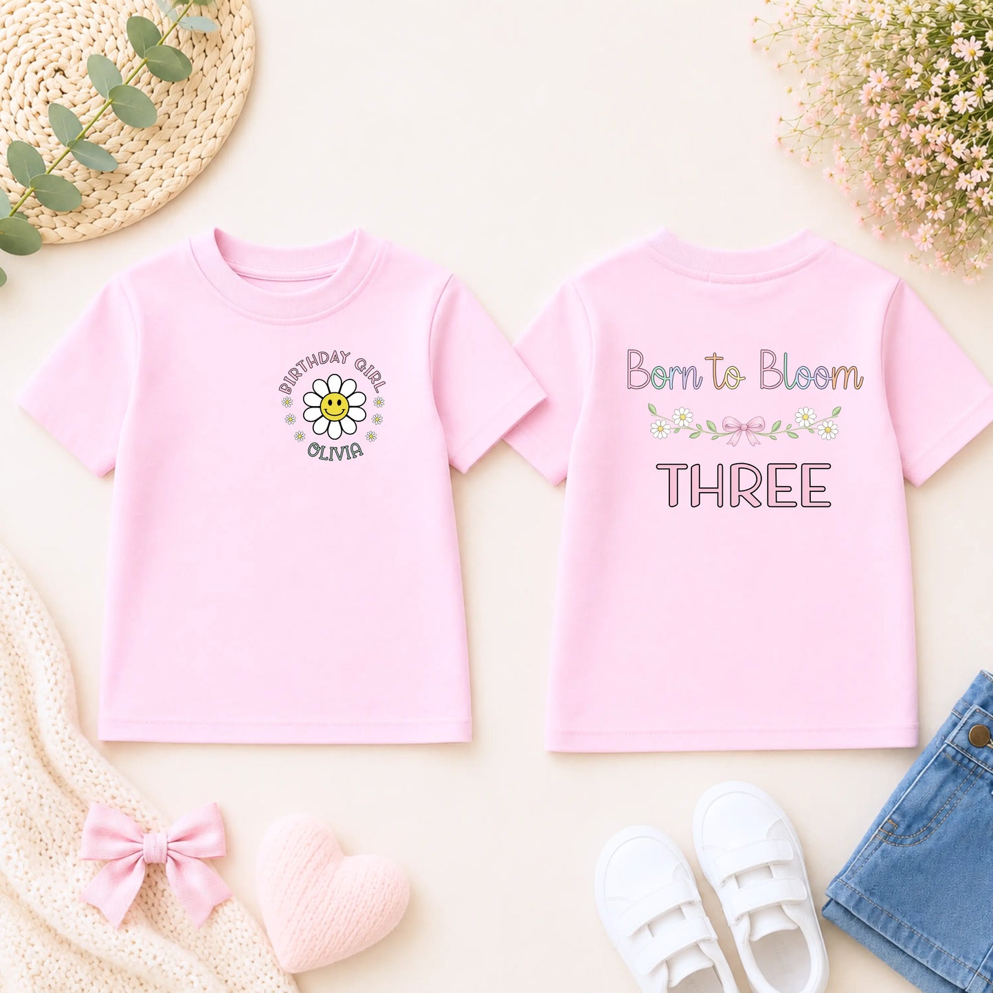 Girls Born to Bloom Birthday Tee - Front and Back Personalised Floral Birthday T-shirt AishaBaileyDesigns