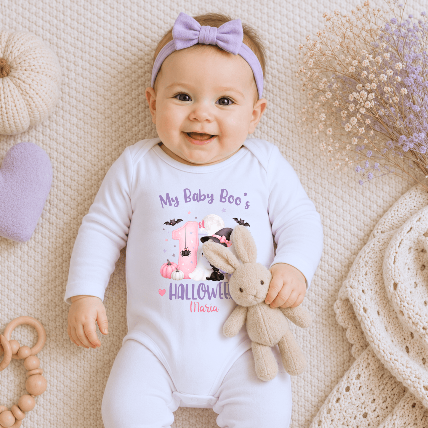 Personalised First Halloween Baby Outfit for girls with Baby Boo ghost, black cat, pumpkins and pink and lilac 1st Halloween design