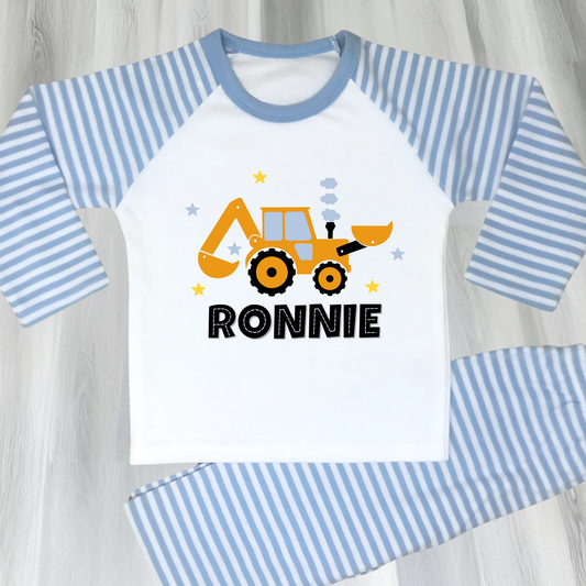 personalised digger pyjamas, boys tractor pyjamas with name, personalised toddler pyjamas, toddler birthday ideas,