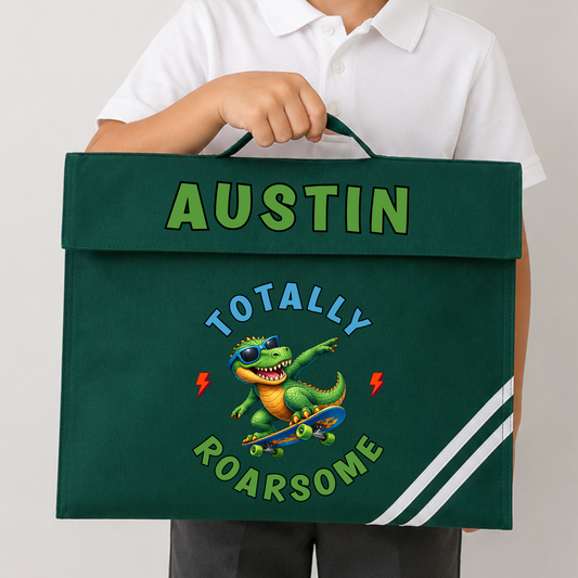 Personalised Back to School Book Bag, Boys School Book Bag with name and colourful skateboarding dinosaur design, available in green, navy, royal blue and burgundy.