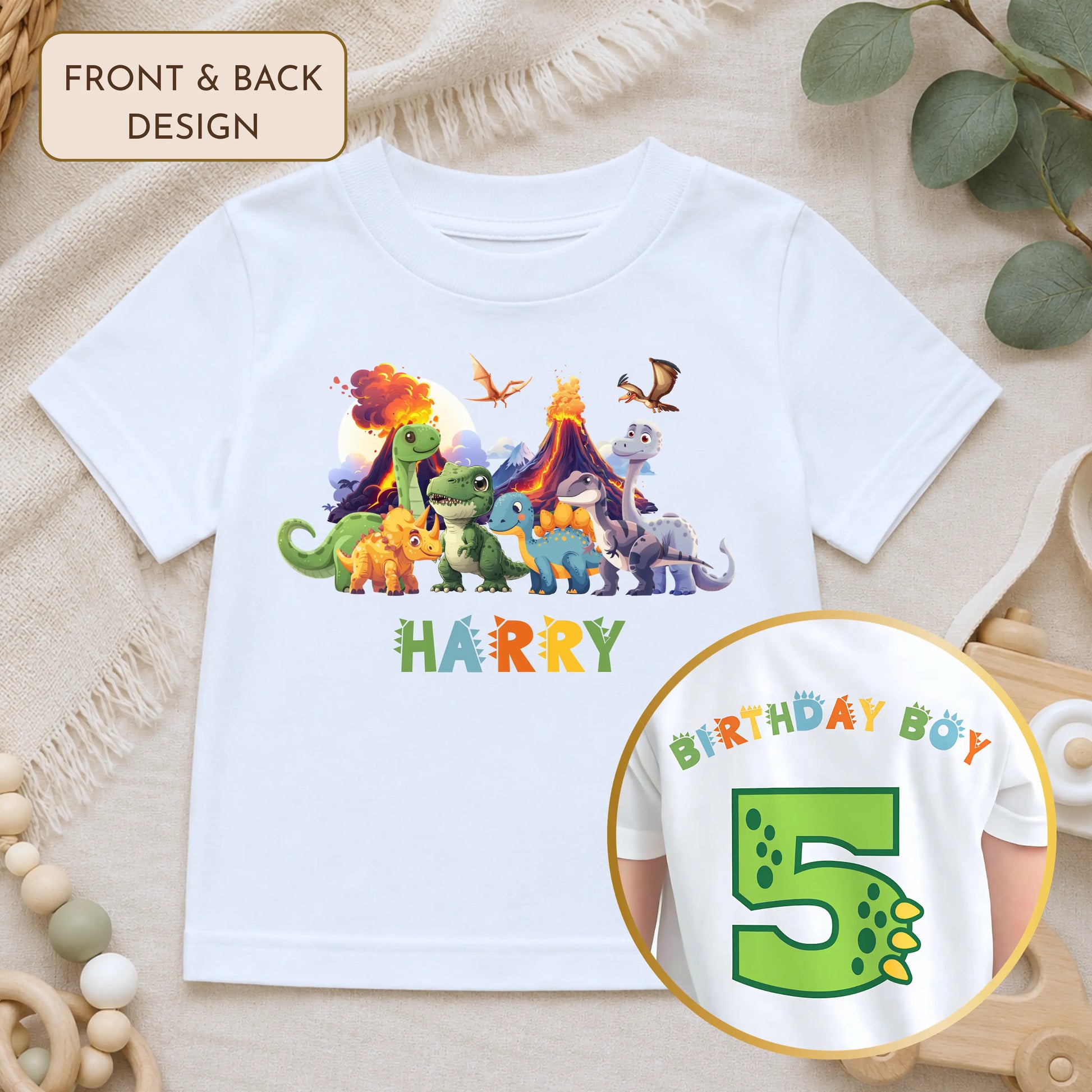 Boys Personalised Dinosaur Birthday T-Shirt with Back Design AishaBaileyDesigns