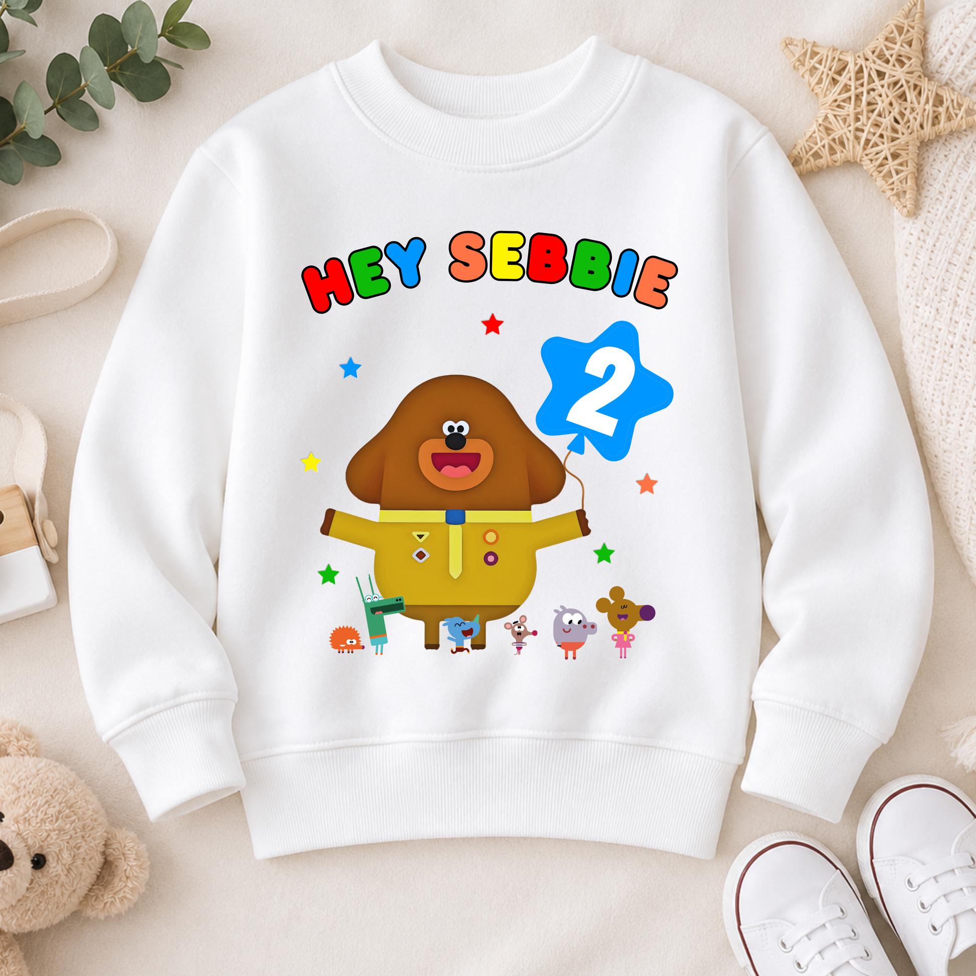 Boys Personalised Hey Duggee Birthday Sweatshirt with colourful character design, customised with any name and age for a fun birthday outfit.