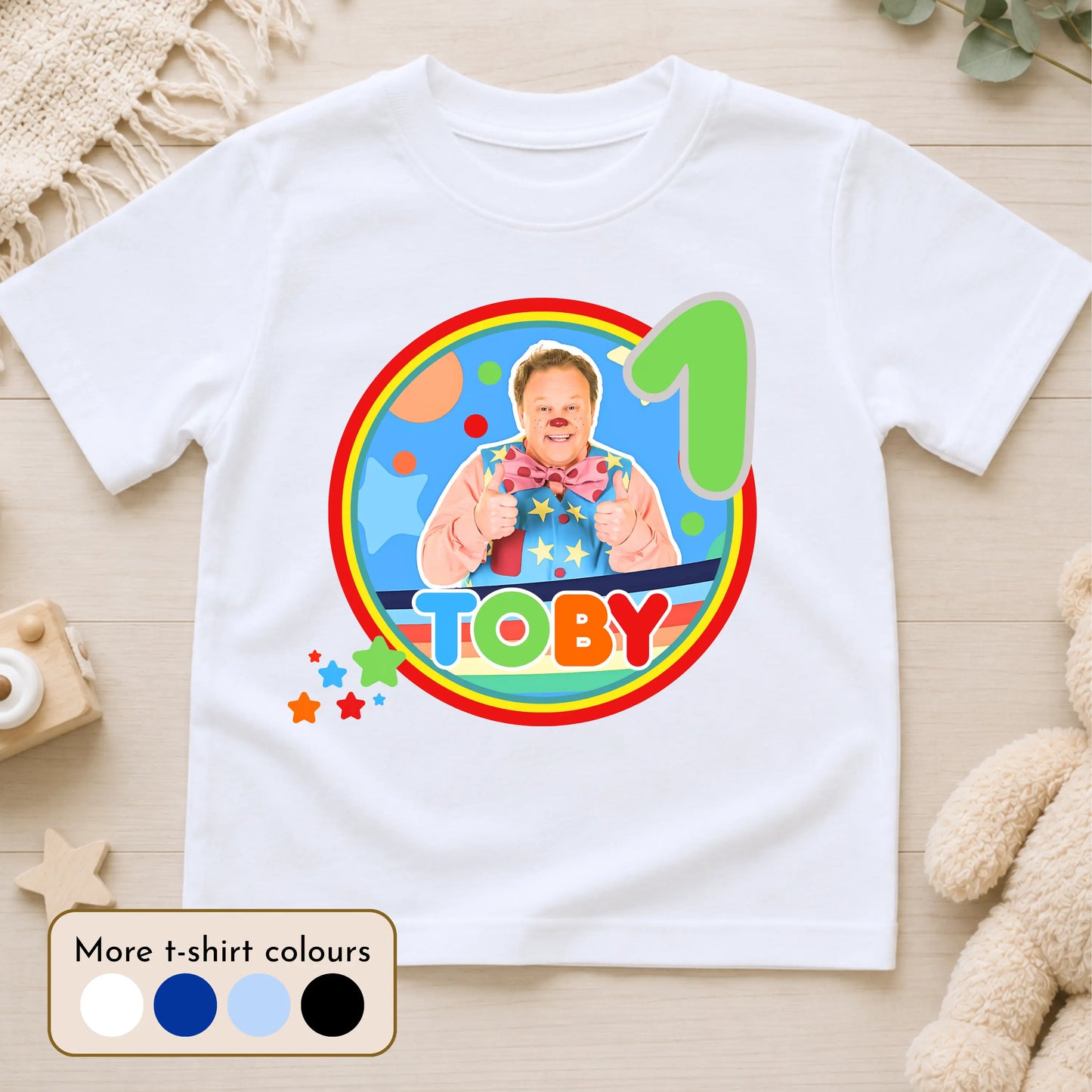 
Personalised Mr Tumble birthday T-shirt for boys featuring a custom name and age with a colourful Mr Tumble-inspired design, perfect for birthday parties, cake smash photos, nursery celebrations and special birthday memories.
