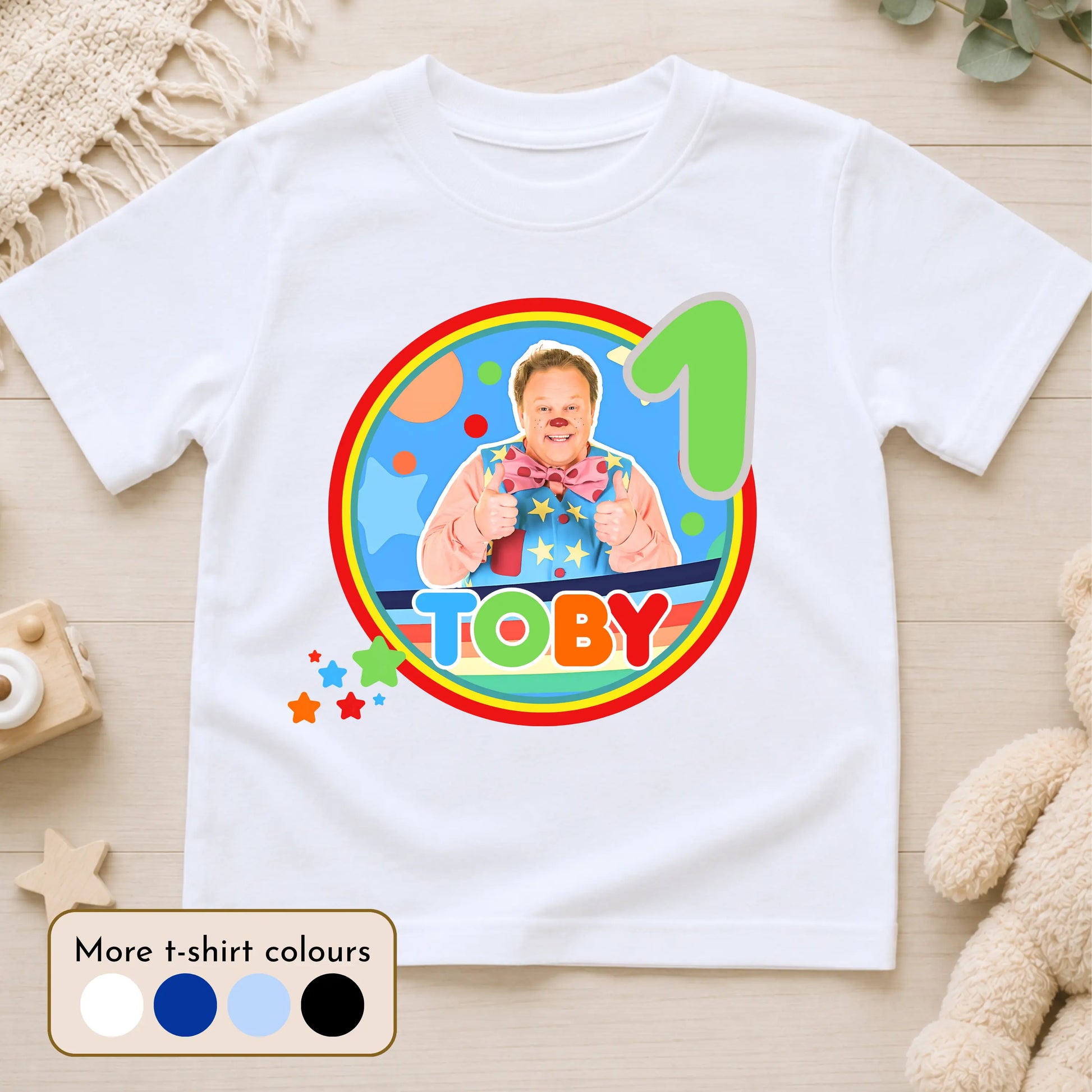 
Personalised Mr Tumble birthday T-shirt for boys featuring a custom name and age with a colourful Mr Tumble-inspired design, perfect for birthday parties, cake smash photos, nursery celebrations and special birthday memories.

