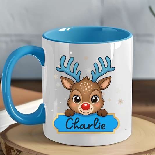 Kids Christmas mug - boys personalised cute reindeer Christmas cup, custom name mug