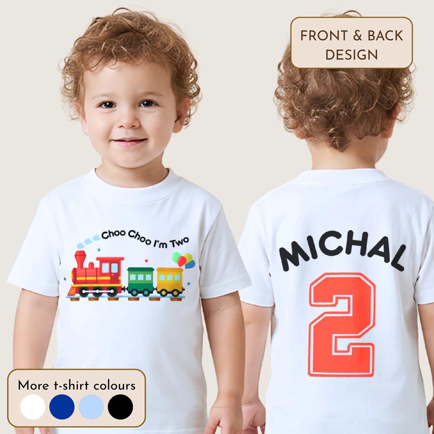 Choo Choo I'm 2 personalised birthday t-shirt with colourful train design and custom name with number 2 on the back for boys' second birthday.