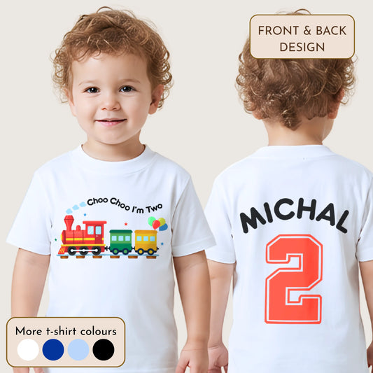 Choo Choo I'm 2 personalised birthday t-shirt with colourful train design and custom name with number 2 on the back for boys' second birthday.